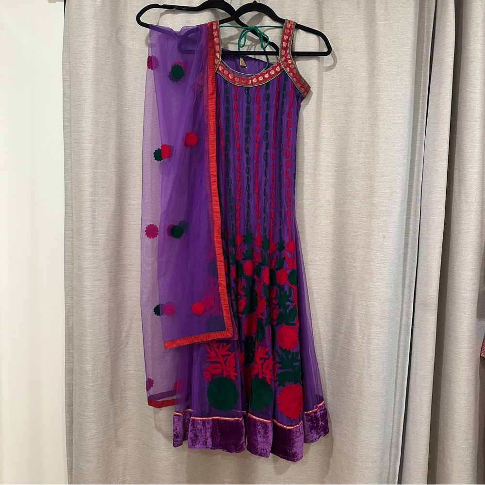 Purple, Red, and Green Embroidered Indian Dress Size: M